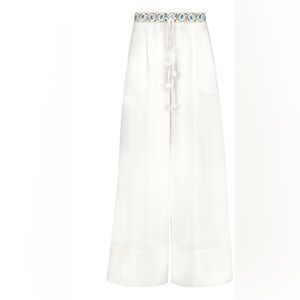 Rosewater House Chic White Wide Leg Pants with Embroidered Waistband